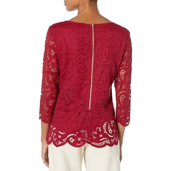 Nanette Lepore Burgundy Lace Blouse Top Shirt Sz Med NWT 3/4 Sleeve Lined - Picture 9 of 9